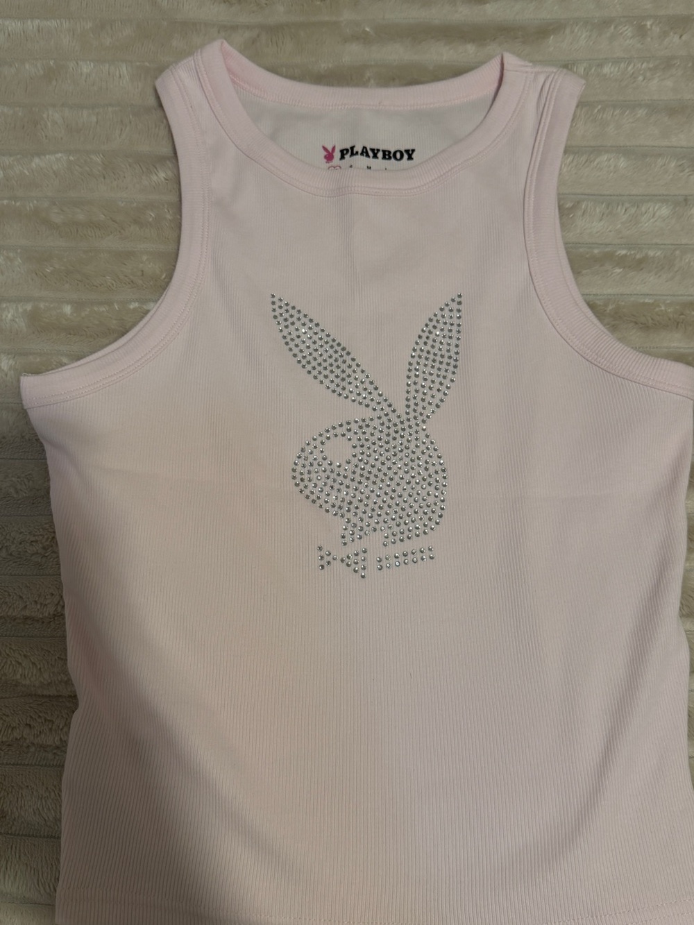 PLAYBOY Light Pink Tank Top with Silver Rhinestone Bunny